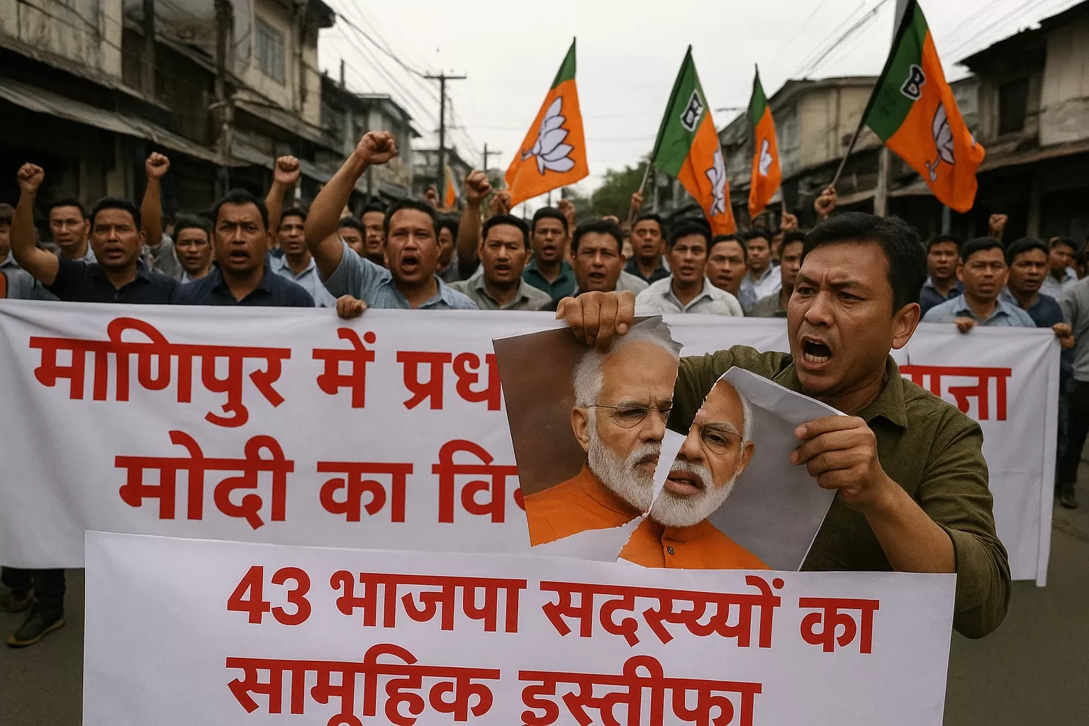 मणिपुर में प्रधानमंत्री मोदी का विरोध, मोदी के पोस्टर बेनर फाड़े, 43 भाजपा सदस्यों का सामूहिक इस्तीफा